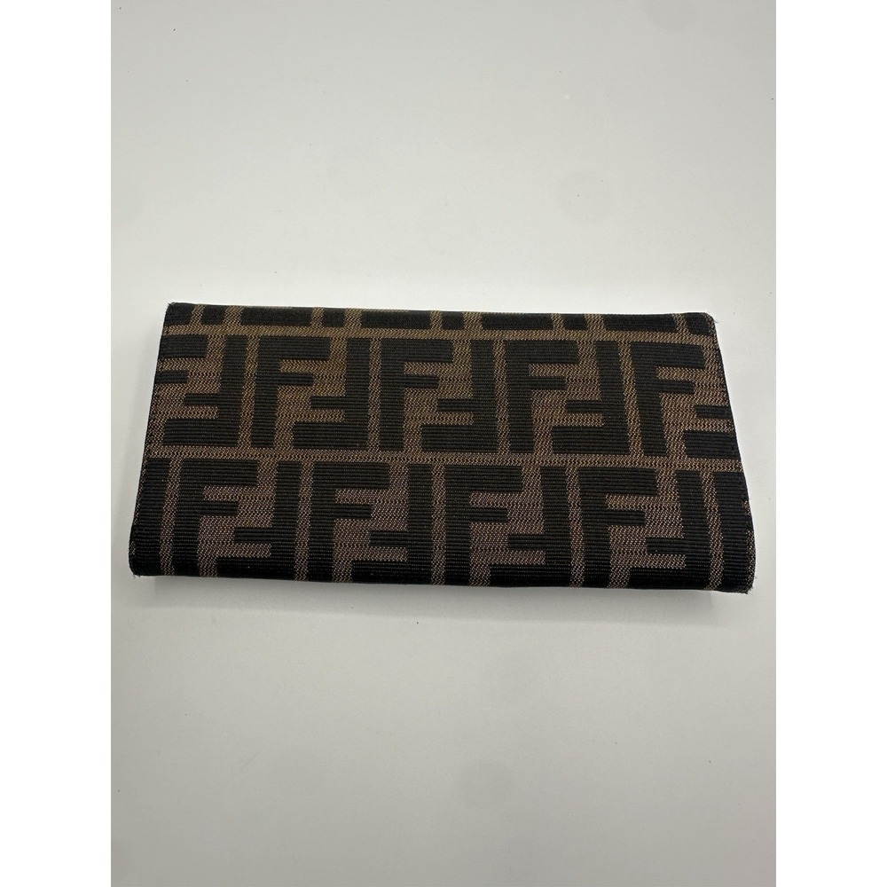 Fendi Zucca Print Wallet Brown Canvas Leather Trim FF Logo Buckle Silver Tone - Picture 9 of 9
